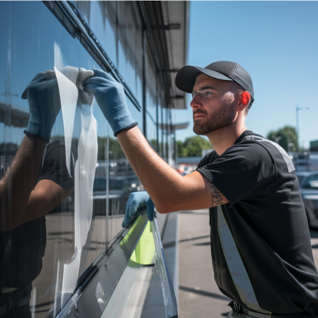 A man in a black shirt and blue gloves is painting a bus, showcasing his artistic skills