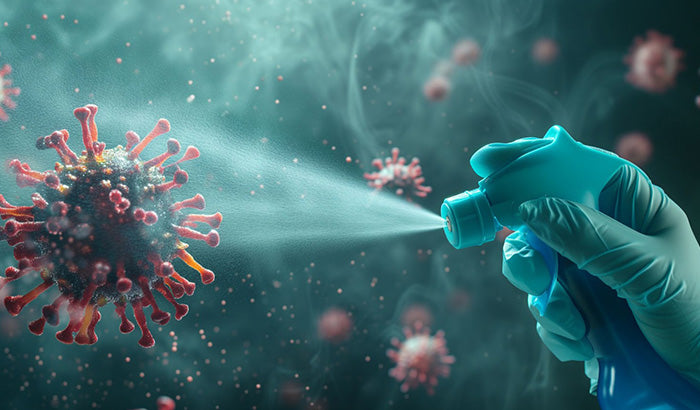 Person in blue glove spraying disinfectant on virus. Antimicrobial spray, products, pathogens.