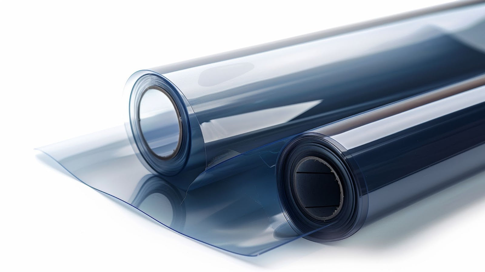 Two rolls of clear plastic film on a white surface, designed for solar energy applications and UV ray protection.