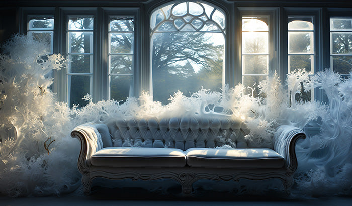 White couch in front of window with decorative film.