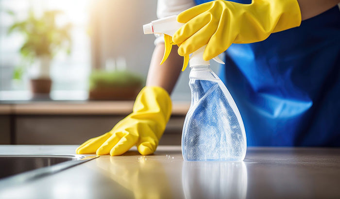 A person wearing blue and yellow gloves cleans a counter with antimicrobial spray to eliminate viruses and bacteria.