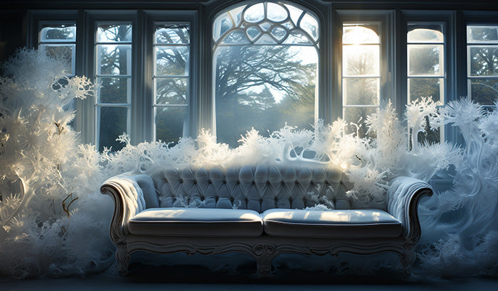 White couch in front of window with decorative film.