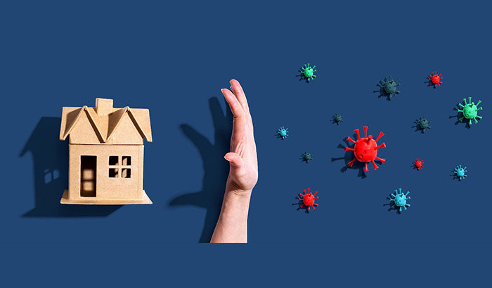 Hand reaching out to bug-infested house, surrounded by bugs. Antimicrobial Spray, Coating, Germs